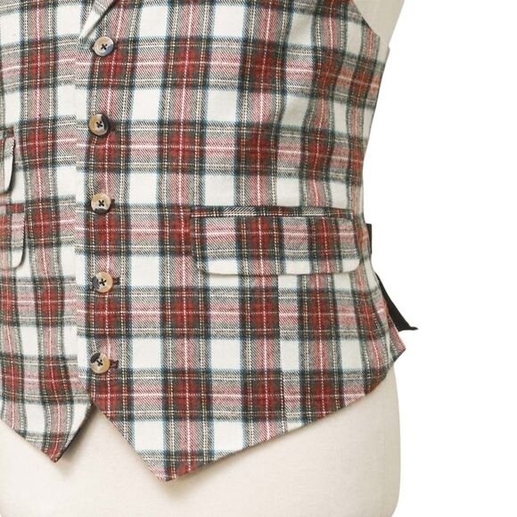 Mens Tartan Plaid Vest 44R White Red Green Lambswool Waistcoat XL Formal Wedding - Picture 6 of 9